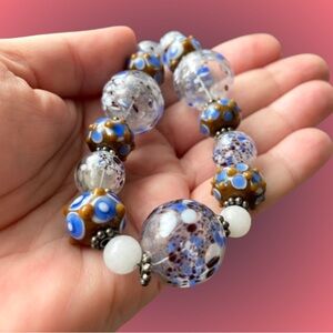 Gorgeous lampwork/speckled art glass & polished stone? beaded necklace 925 clasp